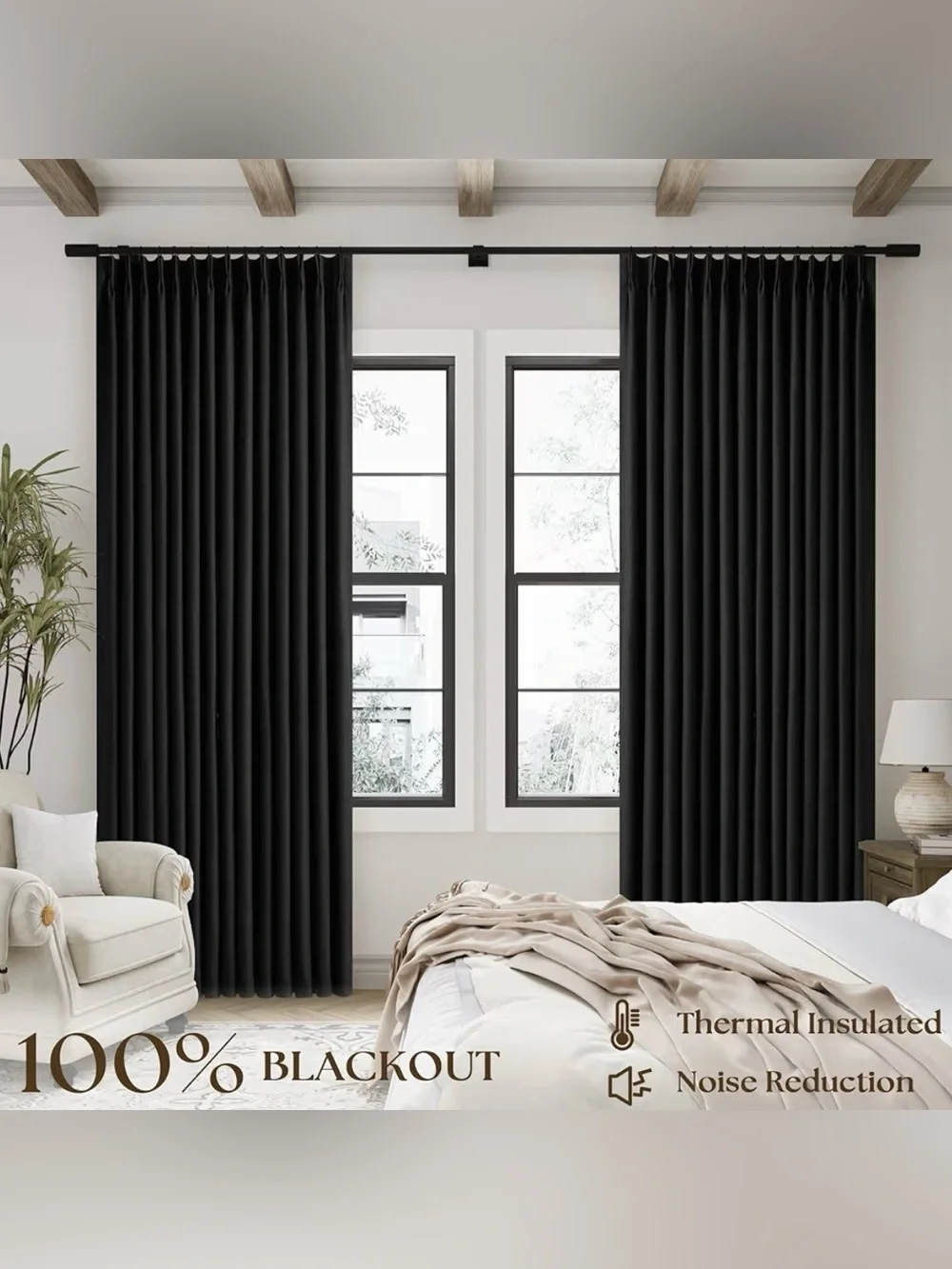Black Pinch Pleated Linen 100% Blackout Curtains 2 Panels 40x102